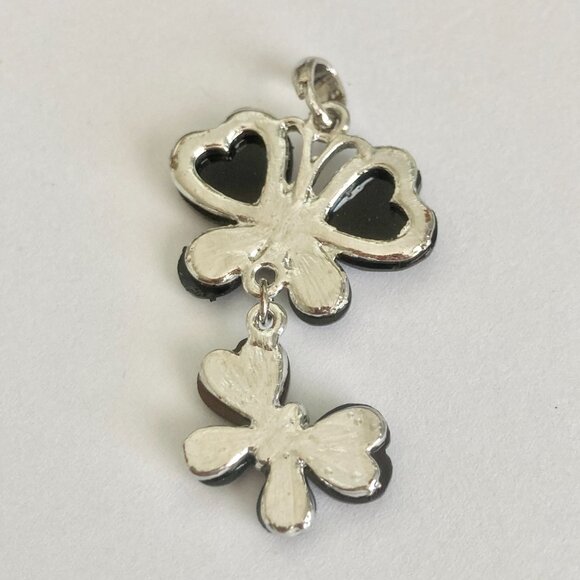 Vintage Black Acrylic Butterfly Necklace Pendant Silver Plated Jeweled Cut 18" - Picture 6 of 8